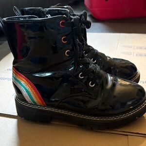 Black Patent Rainbow Stripe Combat Boots Kids